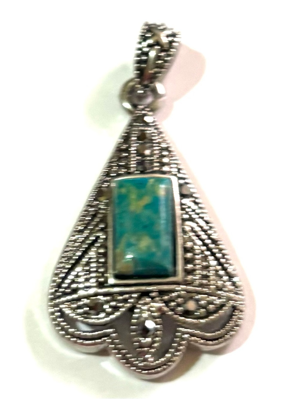 Vintage Silver Filigree Pendant with Turquoise-Green Rectangular Stone